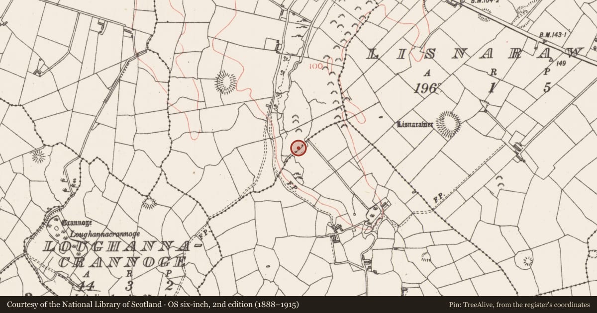 Ordnance Survey six-inch map, 2nd edition (1888–1915) covering the location of Burnt mound, Carrowgilpatrick, Cloonakeemoge, County Sligo, with a pin at the register's coordinates