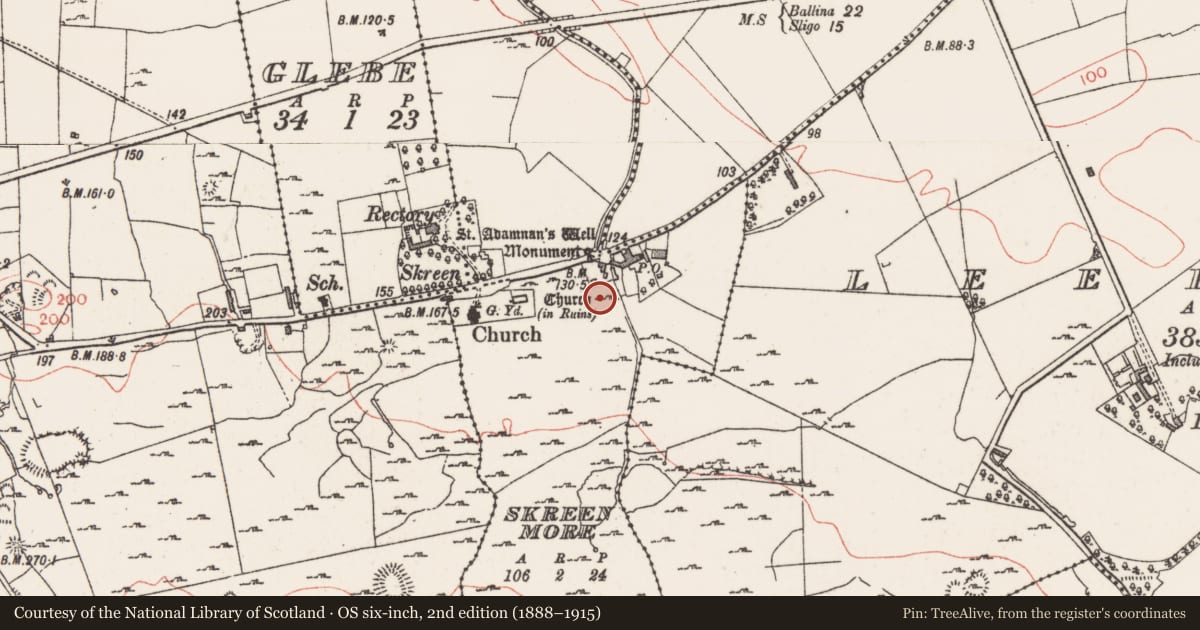 Ordnance Survey six-inch map, 2nd edition (1888–1915) covering the location of Burial, Skreen More, County Sligo, with a pin at the register's coordinates