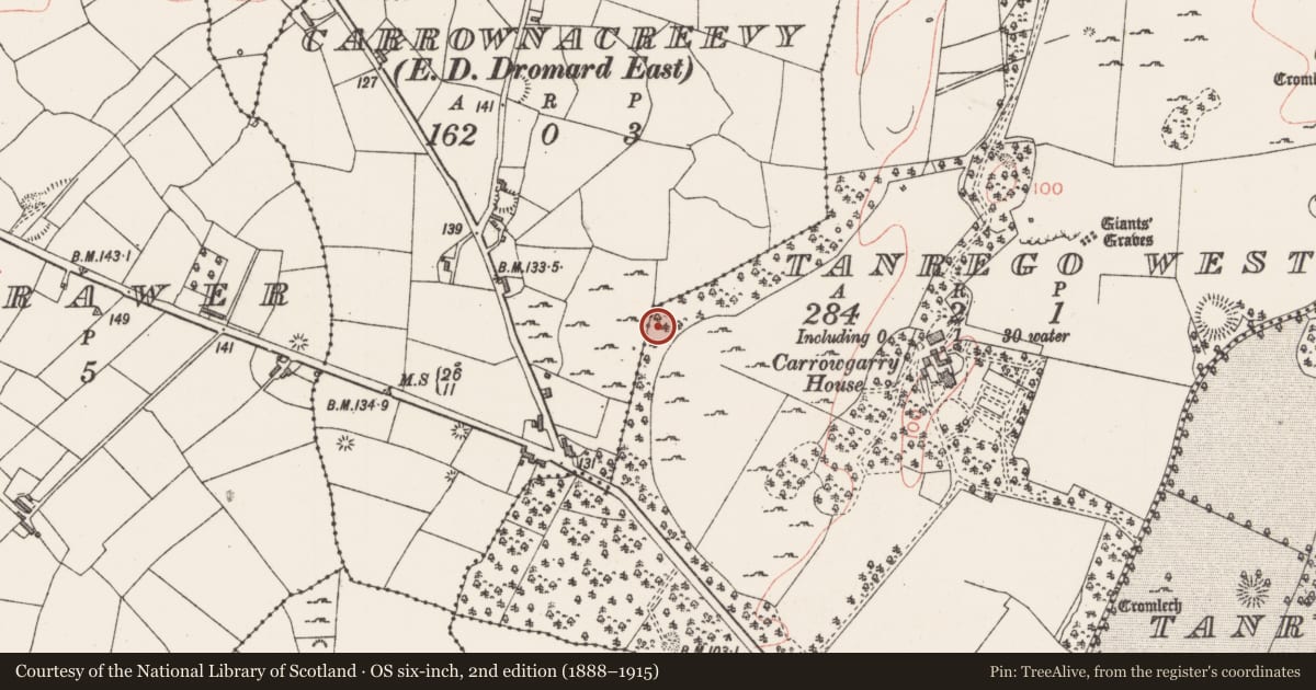 Ordnance Survey six-inch map, 2nd edition (1888–1915) covering the location of Ringfort - rath, Carrownacreevy, Tanrego West, County Sligo, with a pin at the register's coordinates