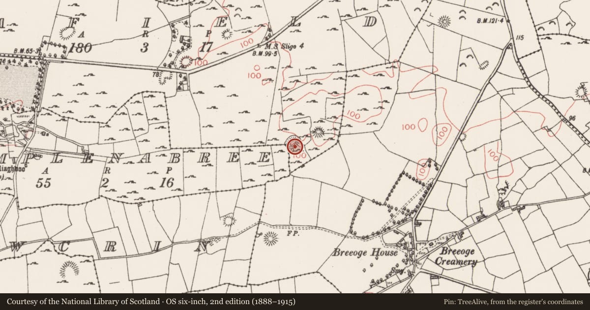 Ordnance Survey six-inch map, 2nd edition (1888–1915) covering the location of Building, Seafield, County Sligo, with a pin at the register's coordinates