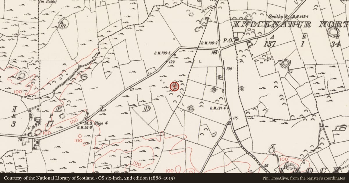 Ordnance Survey six-inch map, 2nd edition (1888–1915) covering the location of Barrow - ring-barrow, Seafield, County Sligo, with a pin at the register's coordinates