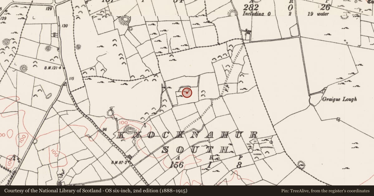 Ordnance Survey six-inch map, 2nd edition (1888–1915) covering the location of Ringfort - rath, Knocknahur South, County Sligo, with a pin at the register's coordinates