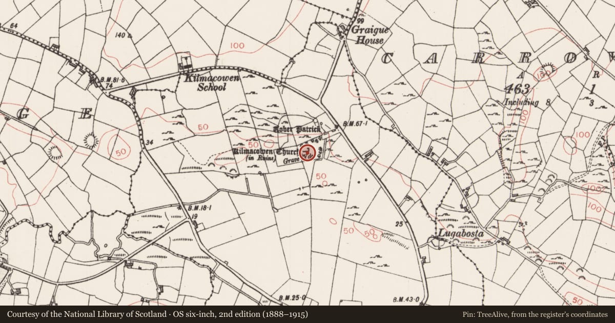 Ordnance Survey six-inch map, 2nd edition (1888–1915) covering the location of Church, Kilmacowen, County Sligo, with a pin at the register's coordinates