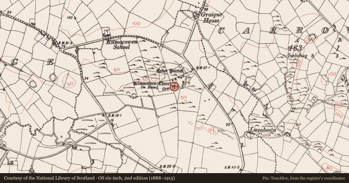 Ordnance Survey six-inch map, 2nd edition (1888–1915) covering the location of Cross-slab, Kilmacowen, County Sligo, with a pin at the register's coordinates