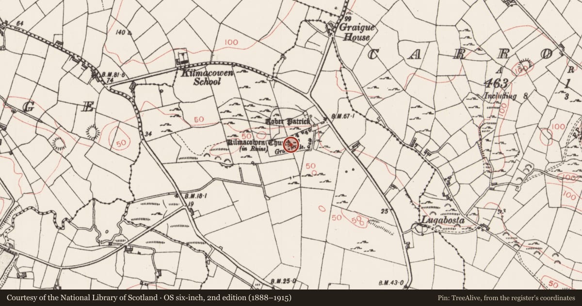 Ordnance Survey six-inch map, 2nd edition (1888–1915) covering the location of Earthwork, Kilmacowen, County Sligo, with a pin at the register's coordinates
