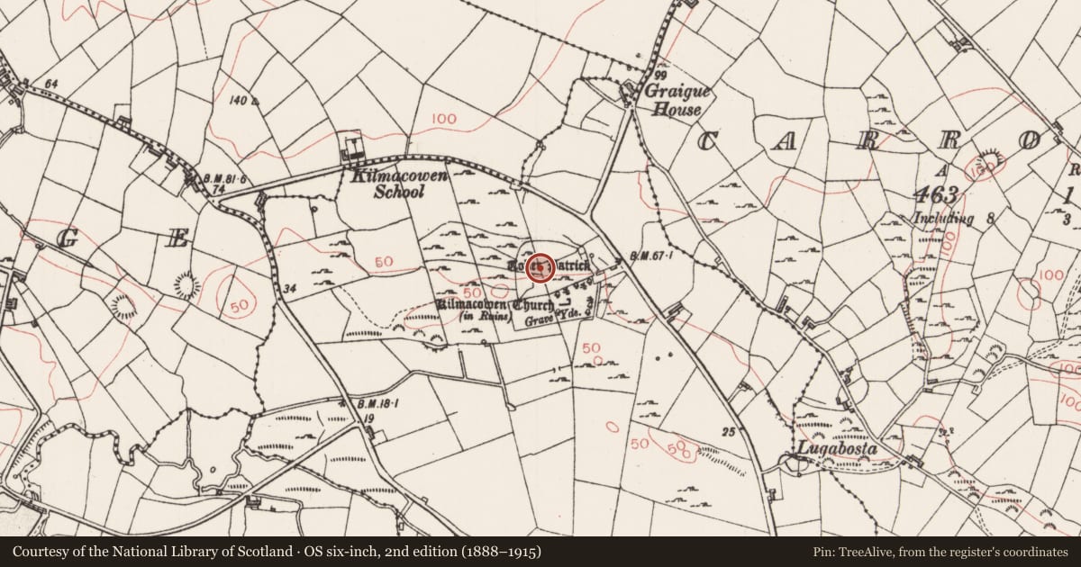 Ordnance Survey six-inch map, 2nd edition (1888–1915) covering the location of Midden, Kilmacowen, County Sligo, with a pin at the register's coordinates
