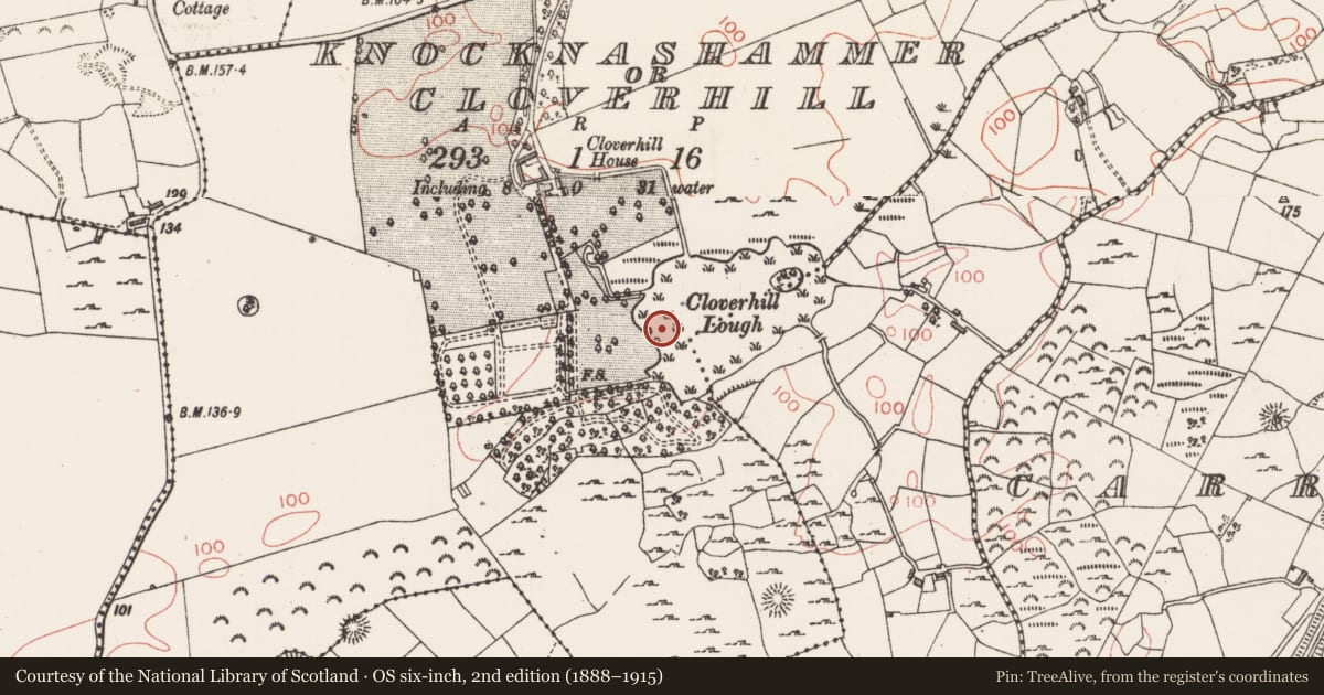 Ordnance Survey six-inch map, 2nd edition (1888–1915) covering the location of Crannog, Knocknashammer Or Cloverhill, County Sligo, with a pin at the register's coordinates