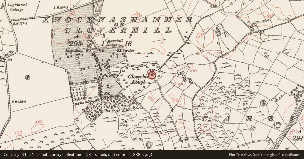Ordnance Survey six-inch map, 2nd edition (1888–1915) covering the location of Crannog, Knocknashammer Or Cloverhill, County Sligo, with a pin at the register's coordinates