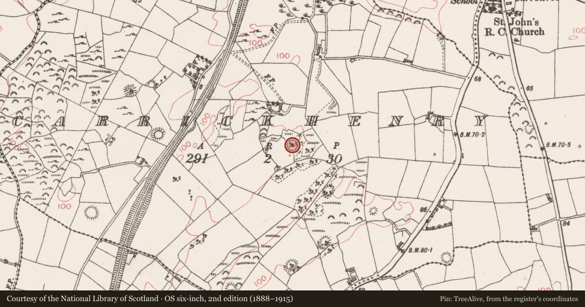 Ordnance Survey six-inch map, 2nd edition (1888–1915) covering the location of Ringfort - rath, Carrickhenry, County Sligo, with a pin at the register's coordinates