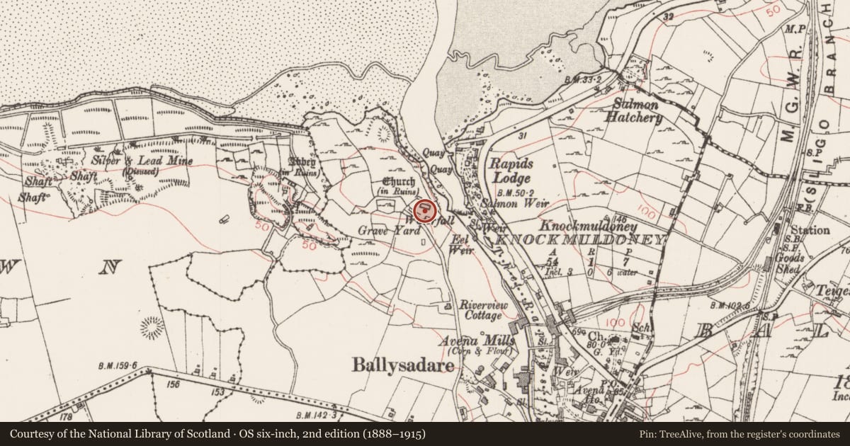 Ordnance Survey six-inch map, 2nd edition (1888–1915) covering the location of Church, Kilboglashy, County Sligo, with a pin at the register's coordinates
