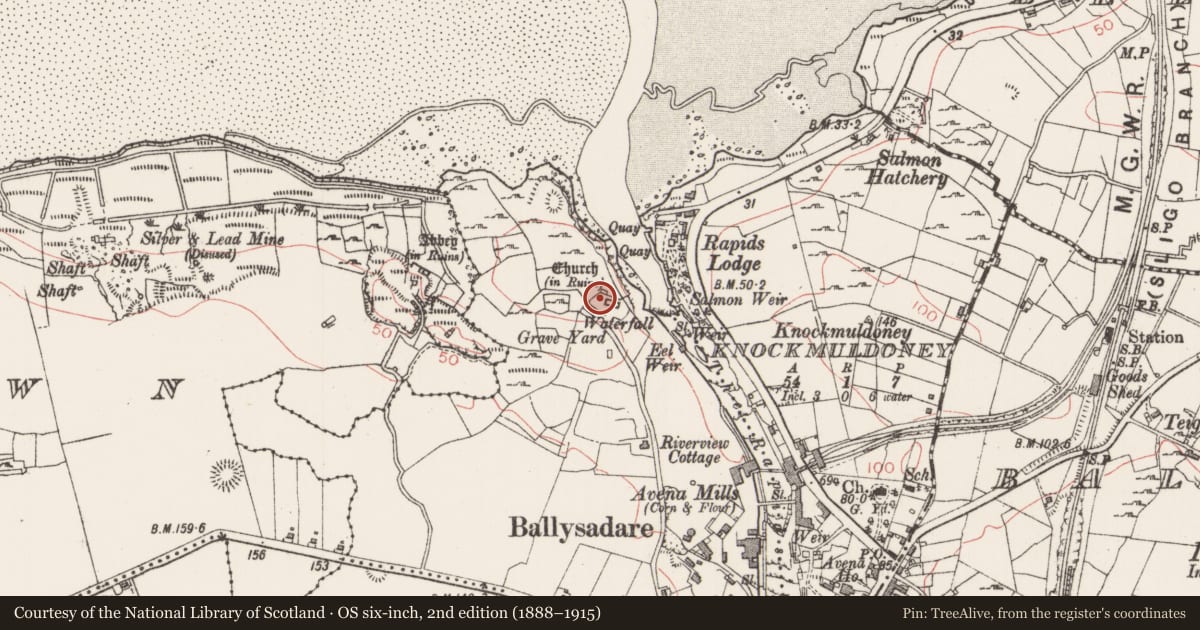 Ordnance Survey six-inch map, 2nd edition (1888–1915) covering the location of Building, Kilboglashy, County Sligo, with a pin at the register's coordinates