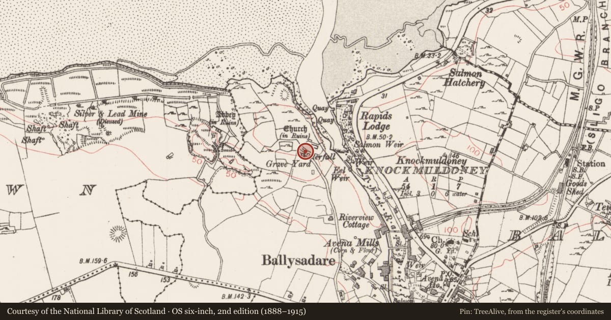 Ordnance Survey six-inch map, 2nd edition (1888–1915) covering the location of Building, Kilboglashy, County Sligo, with a pin at the register's coordinates