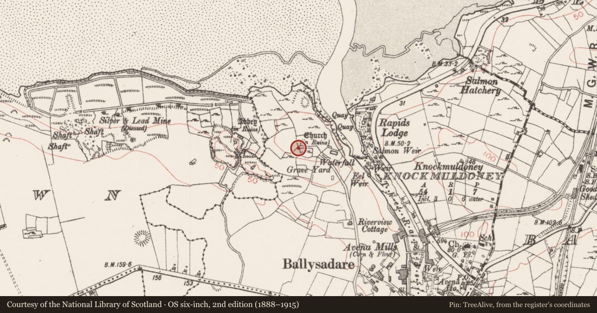 Ordnance Survey six-inch map, 2nd edition (1888–1915) covering the location of Ecclesiastical enclosure, Kilboglashy, County Sligo, with a pin at the register's coordinates