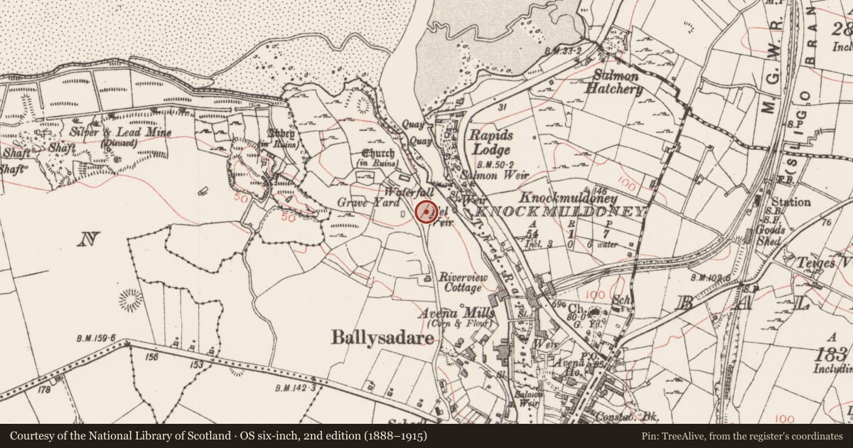 Ordnance Survey six-inch map, 2nd edition (1888–1915) covering the location of Midden, Kilboglashy, County Sligo, with a pin at the register's coordinates