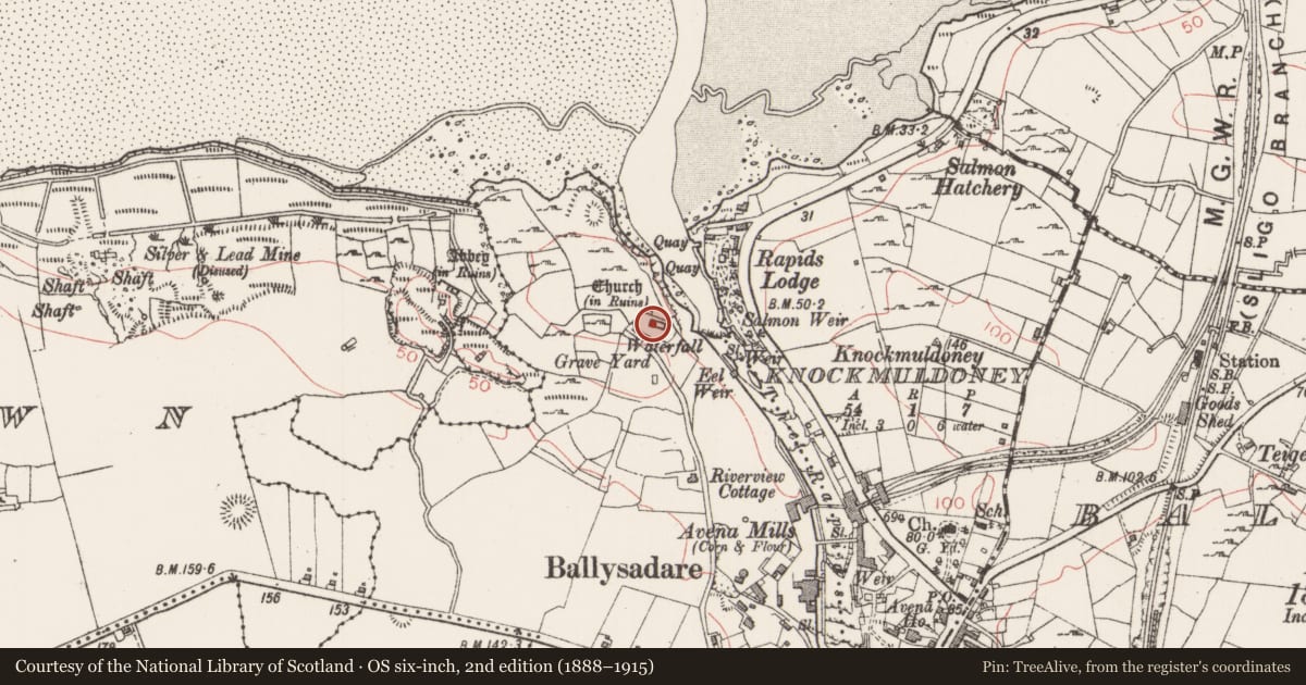 Ordnance Survey six-inch map, 2nd edition (1888–1915) covering the location of Building, Kilboglashy, County Sligo, with a pin at the register's coordinates