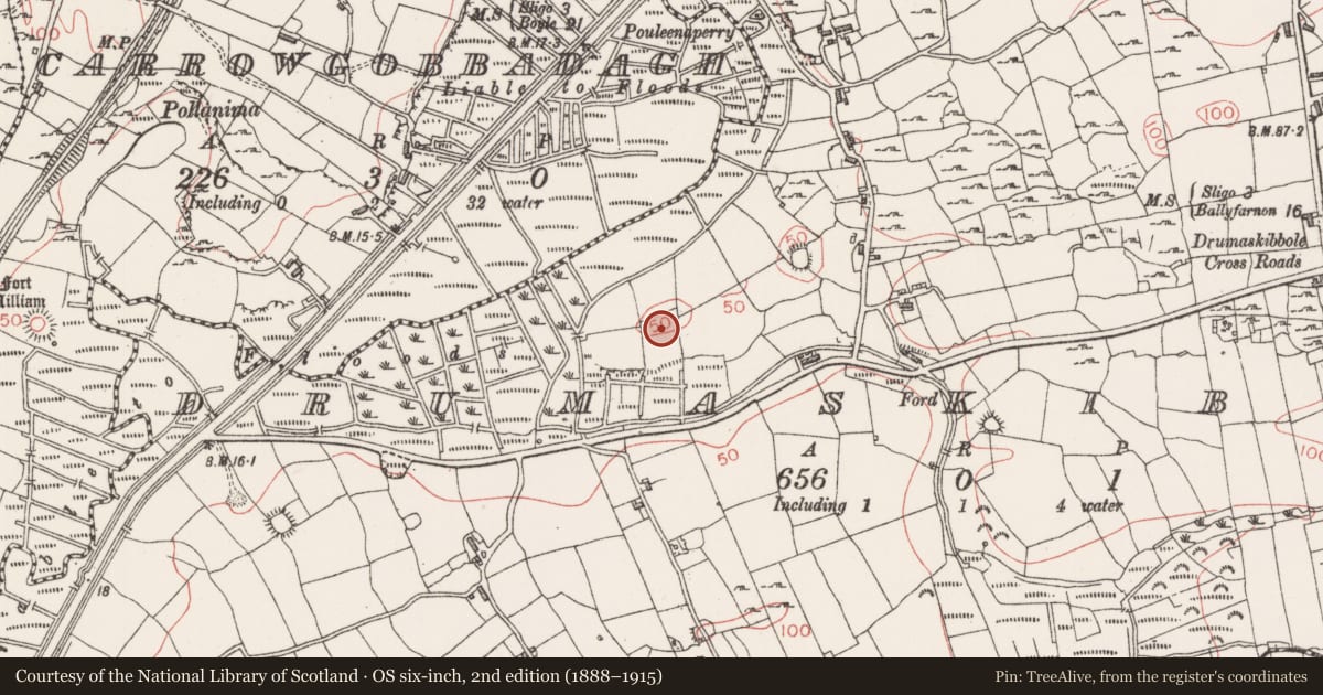 Ordnance Survey six-inch map, 2nd edition (1888–1915) covering the location of Mound, Drumaskibbole, County Sligo, with a pin at the register's coordinates