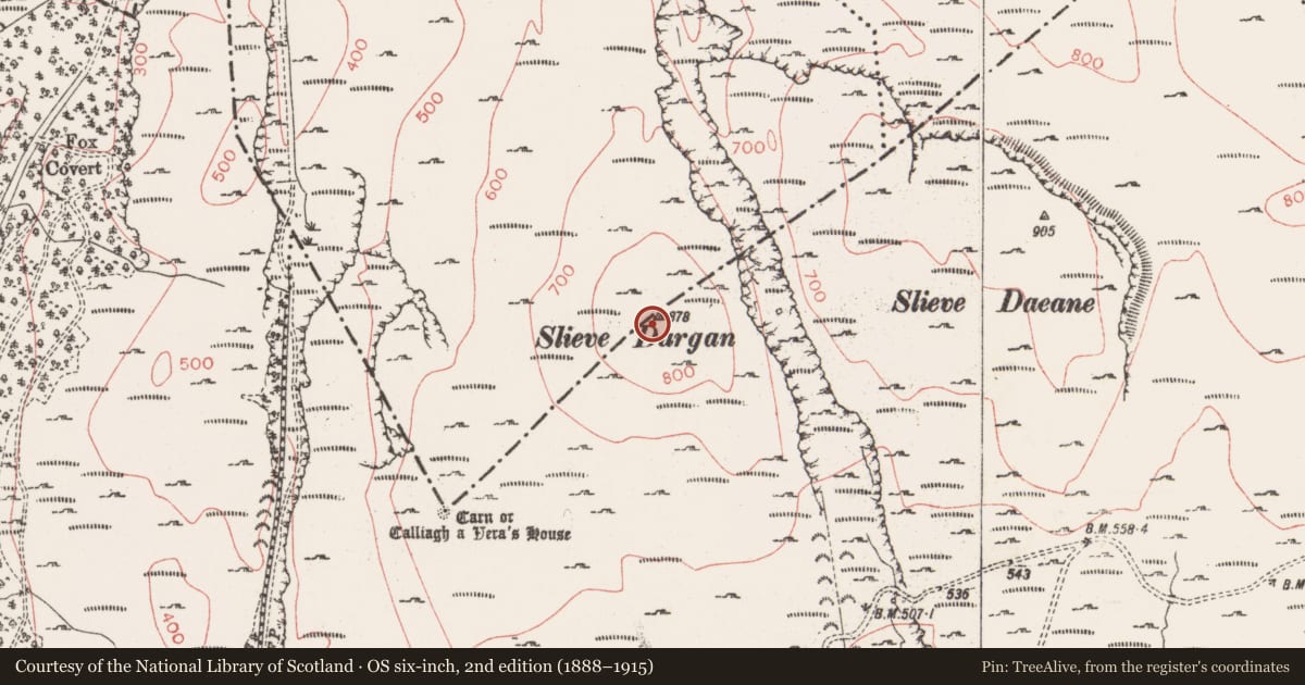 Ordnance Survey six-inch map, 2nd edition (1888–1915) covering the location of Megalithic tomb - passage tomb, County Sligo, with a pin at the register's coordinates