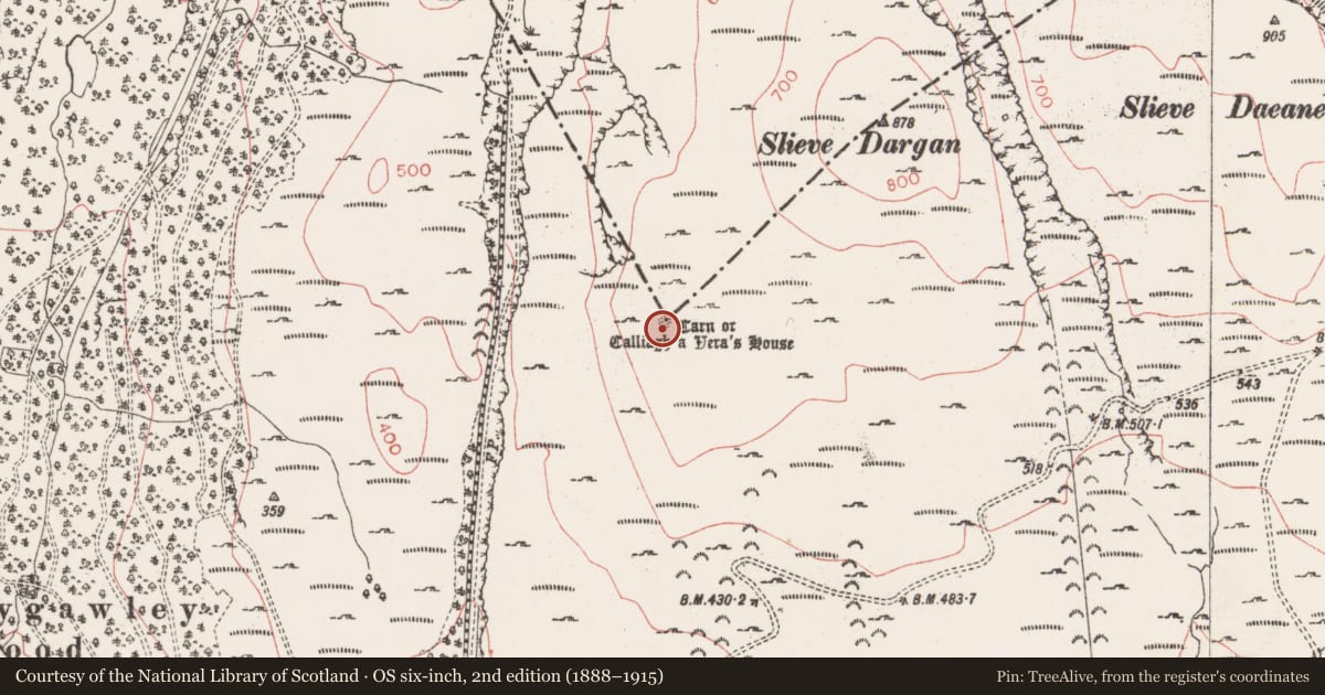 Ordnance Survey six-inch map, 2nd edition (1888–1915) covering the location of Megalithic tomb - passage tomb, County Sligo, with a pin at the register's coordinates