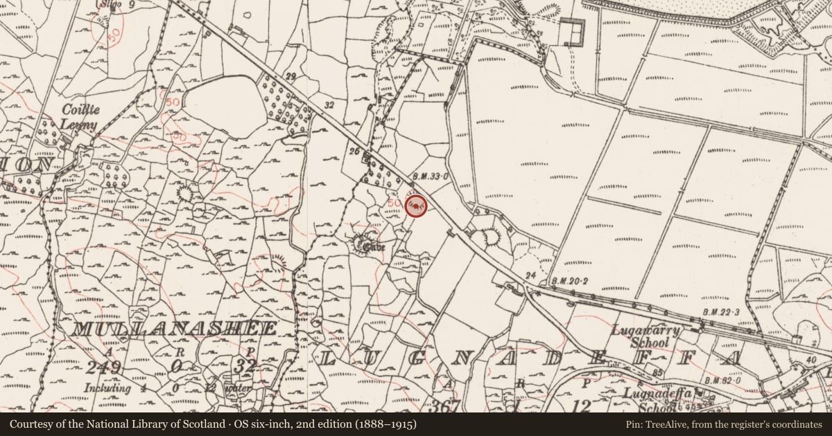 Ordnance Survey six-inch map, 2nd edition (1888–1915) covering the location of Earthwork, Lugnadeffa, County Sligo, with a pin at the register's coordinates