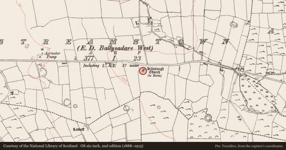 Ordnance Survey six-inch map, 2nd edition (1888–1915) covering the location of Church, Streamstown, County Sligo, with a pin at the register's coordinates