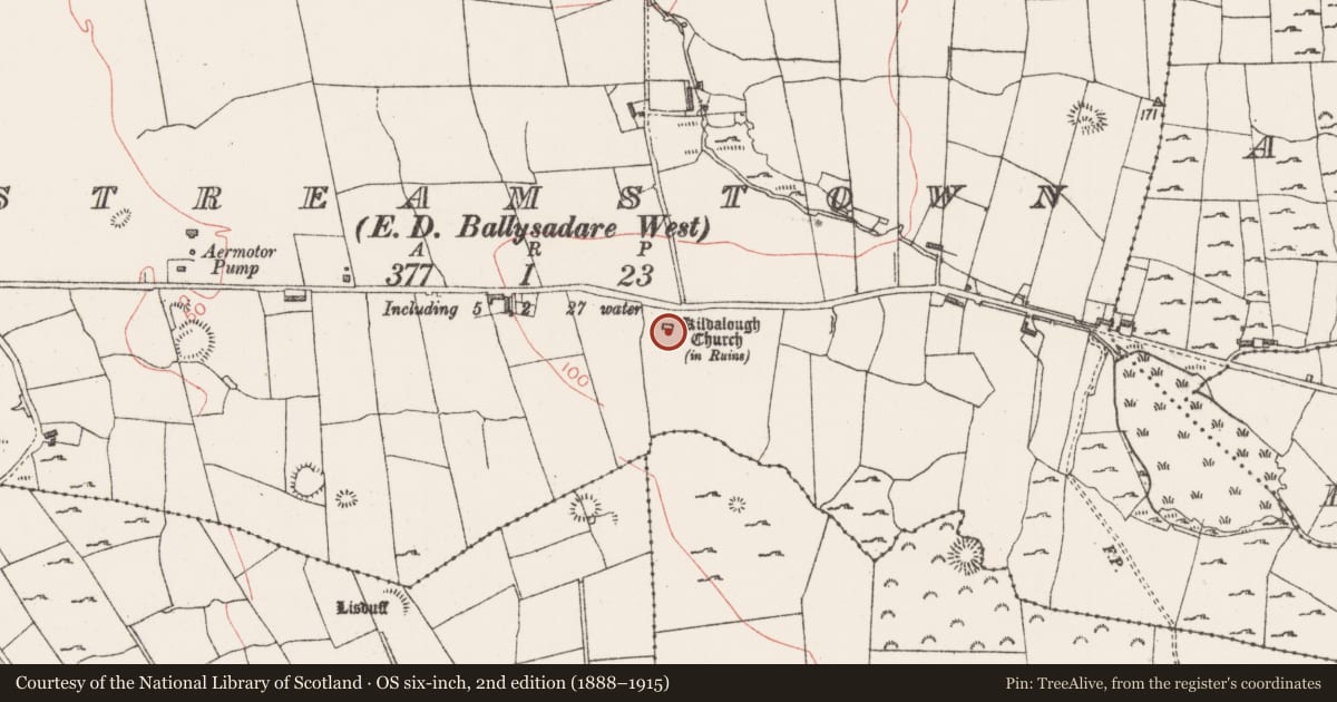 Ordnance Survey six-inch map, 2nd edition (1888–1915) covering the location of Graveyard, Streamstown, County Sligo, with a pin at the register's coordinates