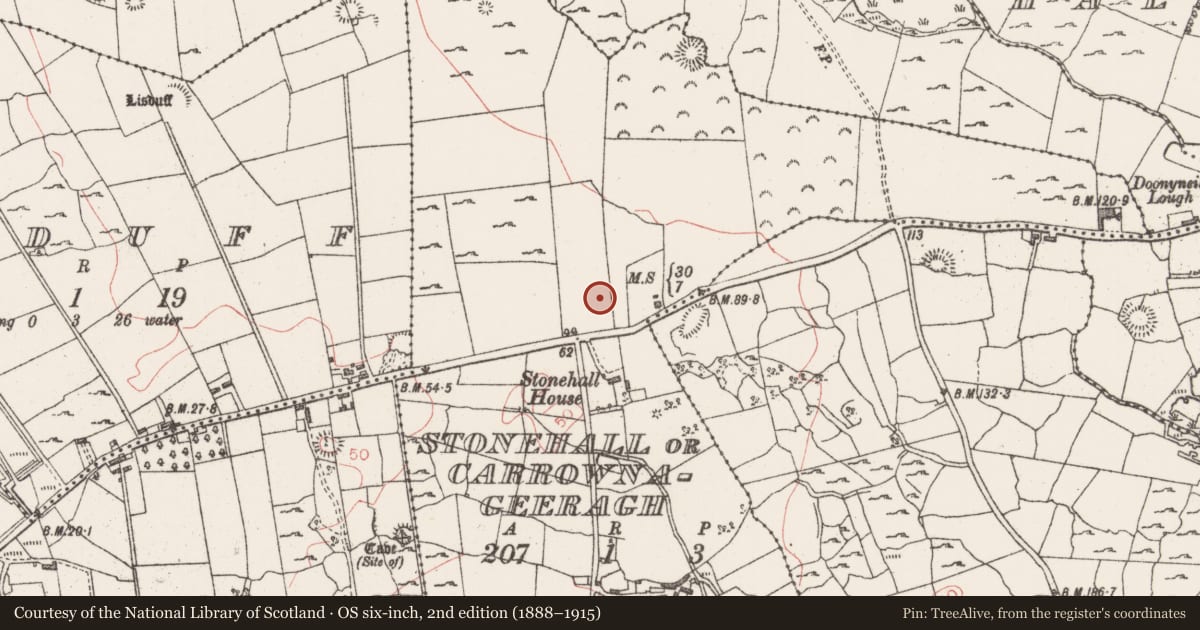 Ordnance Survey six-inch map, 2nd edition (1888–1915) covering the location of Ringfort - rath, Stonehall Or Carrownageeragh, County Sligo, with a pin at the register's coordinates