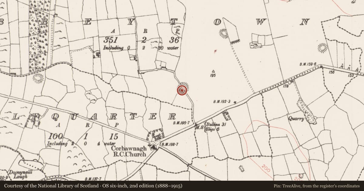 Ordnance Survey six-inch map, 2nd edition (1888–1915) covering the location of Ringfort - rath, Abbeytown, County Sligo, with a pin at the register's coordinates