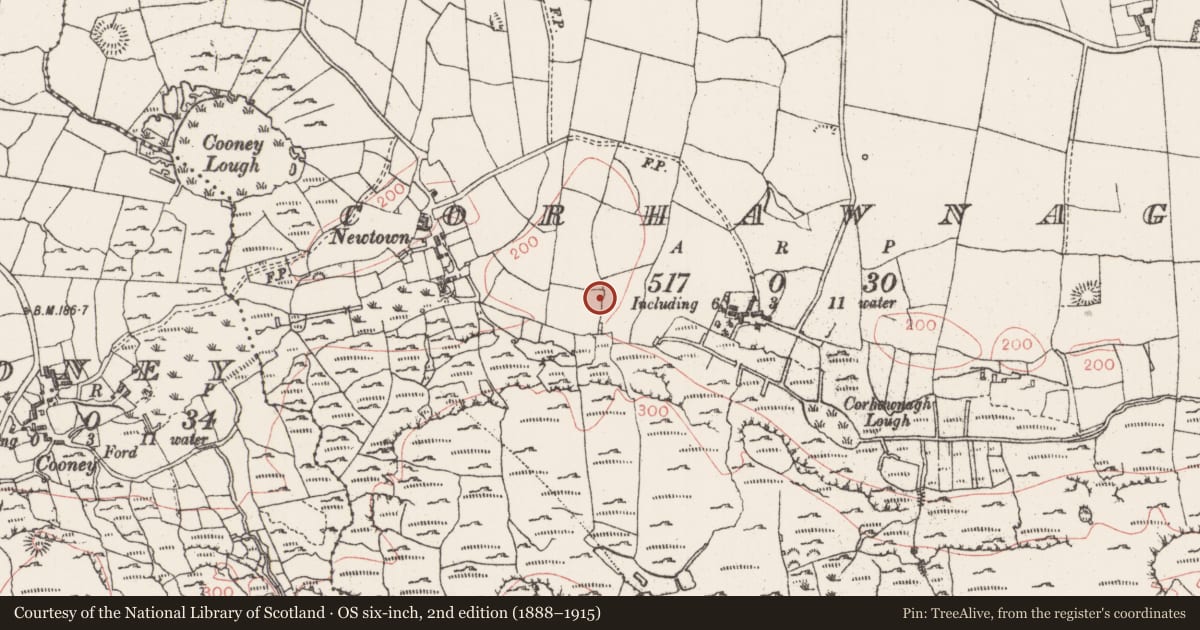 Ordnance Survey six-inch map, 2nd edition (1888–1915) covering the location of Enclosure, Corhawnagh, County Sligo, with a pin at the register's coordinates