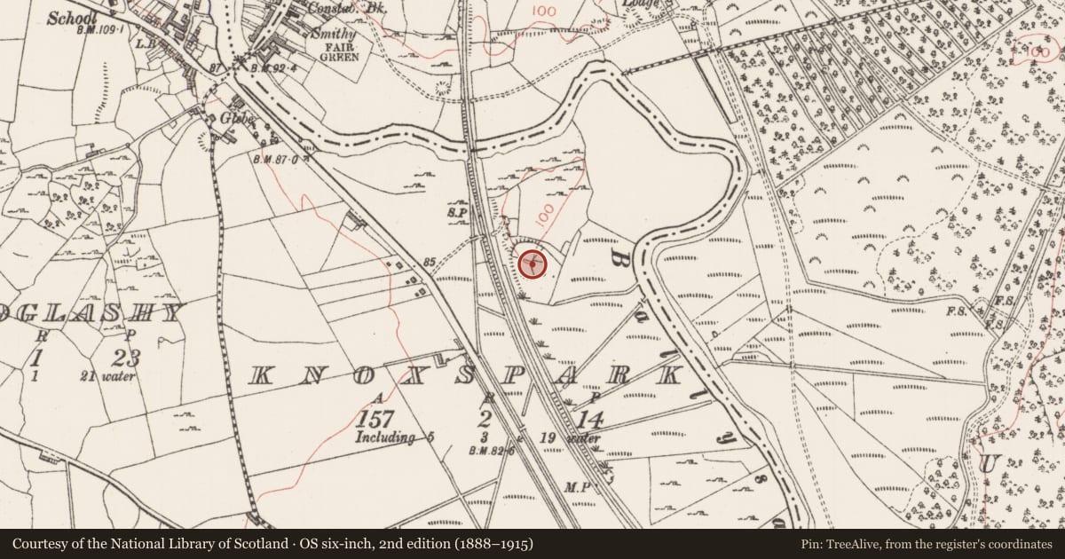 Ordnance Survey six-inch map, 2nd edition (1888–1915) covering the location of Kiln - corn-drying, Knoxspark, County Sligo, with a pin at the register's coordinates