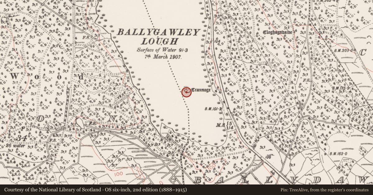 Ordnance Survey six-inch map, 2nd edition (1888–1915) covering the location of Crannog, Ballydawley, County Sligo, with a pin at the register's coordinates