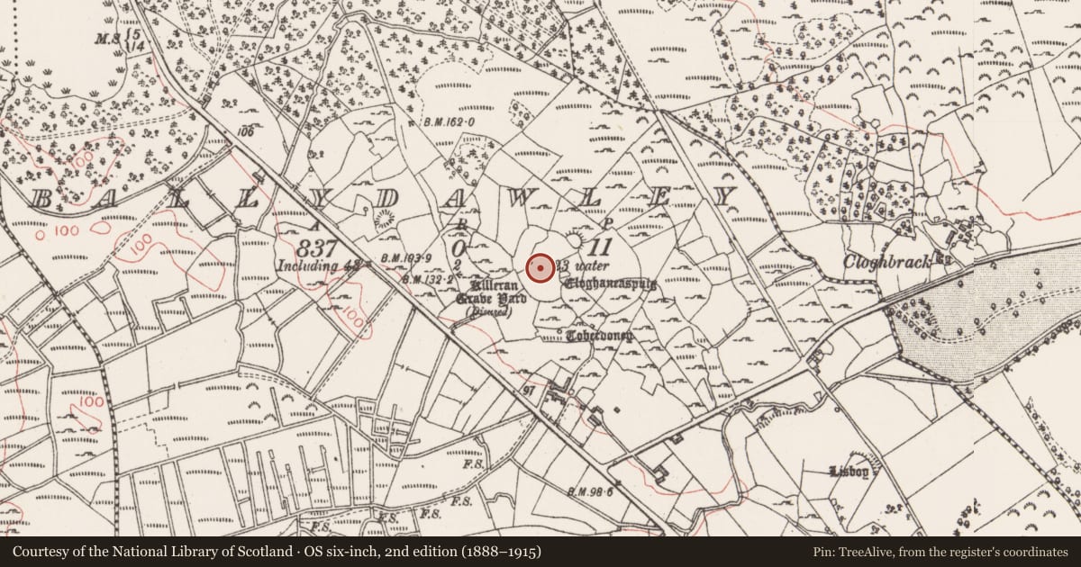 Ordnance Survey six-inch map, 2nd edition (1888–1915) covering the location of Church, Ballydawley, County Sligo, with a pin at the register's coordinates