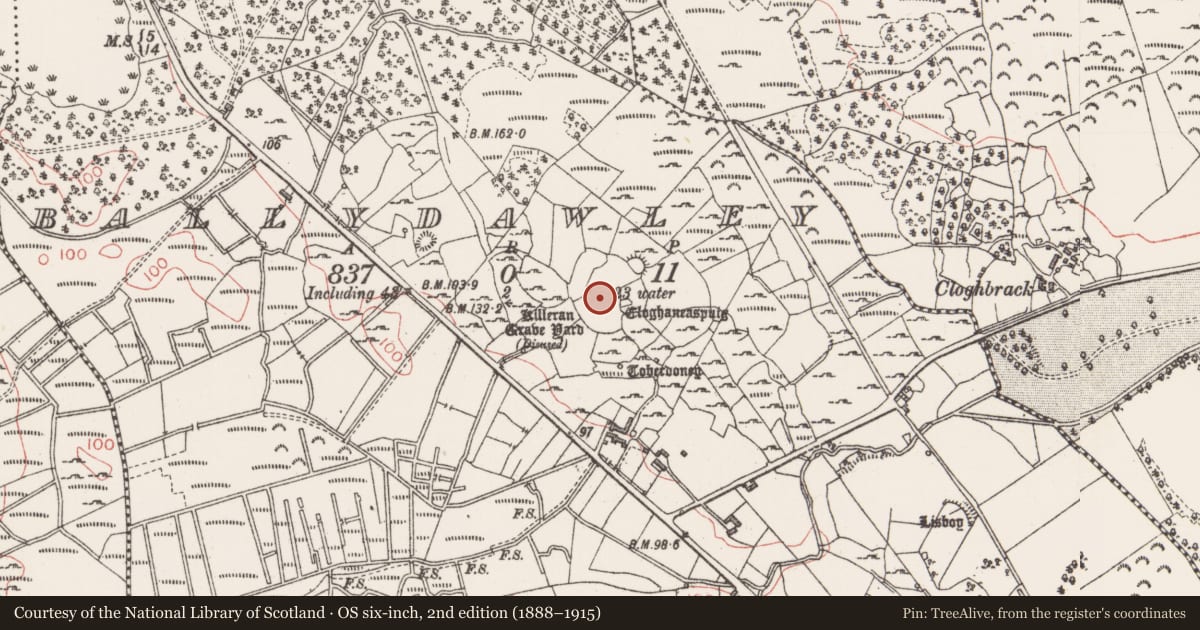 Ordnance Survey six-inch map, 2nd edition (1888–1915) covering the location of Ecclesiastical enclosure, Ballydawley, County Sligo, with a pin at the register's coordinates
