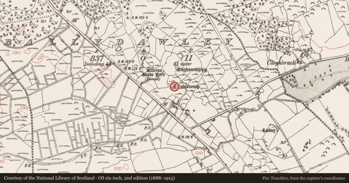 Ordnance Survey six-inch map, 2nd edition (1888–1915) covering the location of Ritual site - holy well, Ballydawley, County Sligo, with a pin at the register's coordinates
