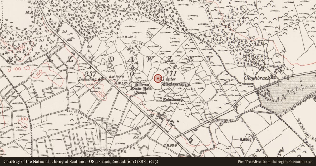 Ordnance Survey six-inch map, 2nd edition (1888–1915) covering the location of Field boundary, Ballydawley, County Sligo, with a pin at the register's coordinates