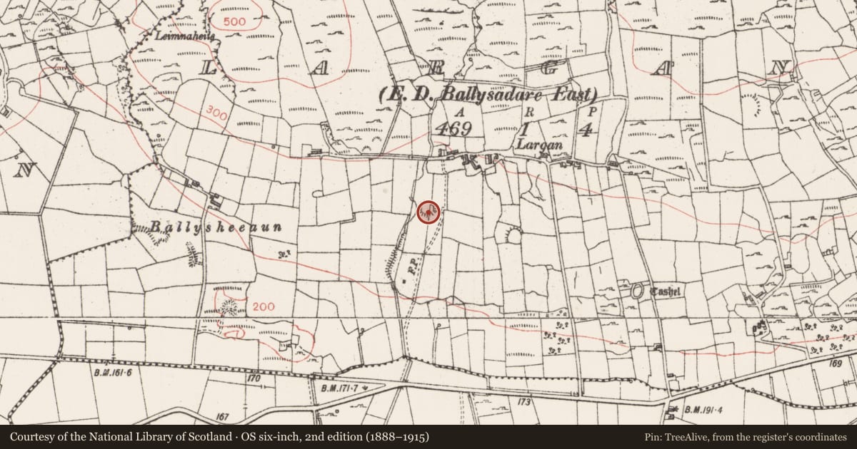 Ordnance Survey six-inch map, 2nd edition (1888–1915) covering the location of Ringfort - rath, Largan, County Sligo, with a pin at the register's coordinates