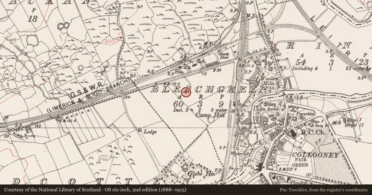 Ordnance Survey six-inch map, 2nd edition (1888–1915) covering the location of Ringfort - rath, Bleachgreen, County Sligo, with a pin at the register's coordinates