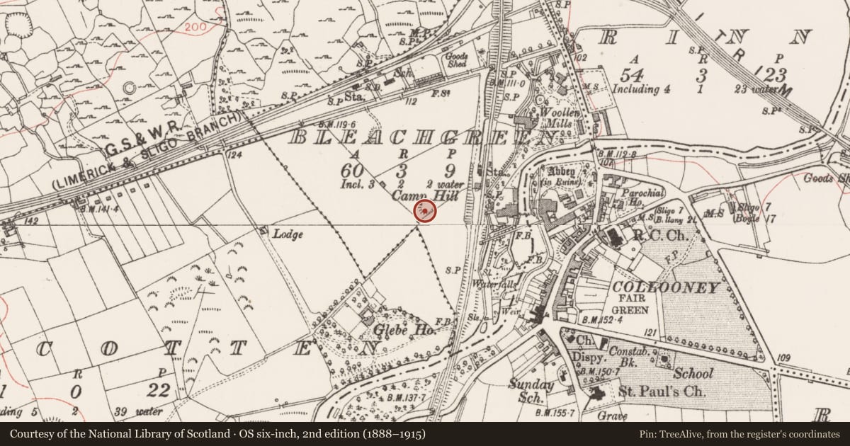 Ordnance Survey six-inch map, 2nd edition (1888–1915) covering the location of Enclosure, Bleachgreen, County Sligo, with a pin at the register's coordinates