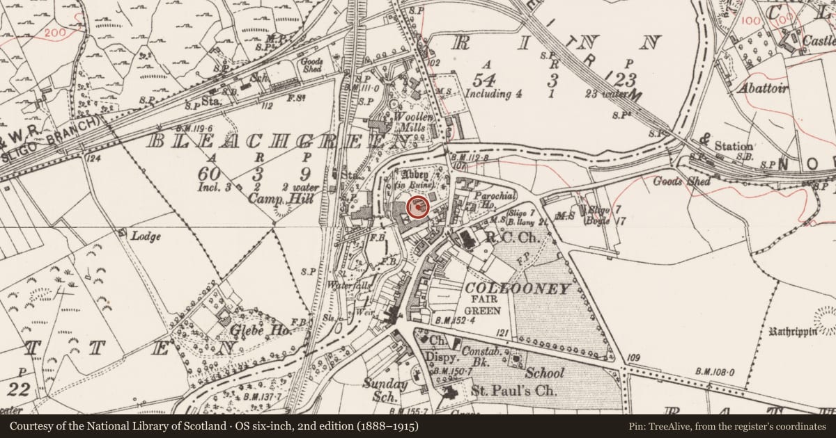 Ordnance Survey six-inch map, 2nd edition (1888–1915) covering the location of Church, Collooney, County Sligo, with a pin at the register's coordinates