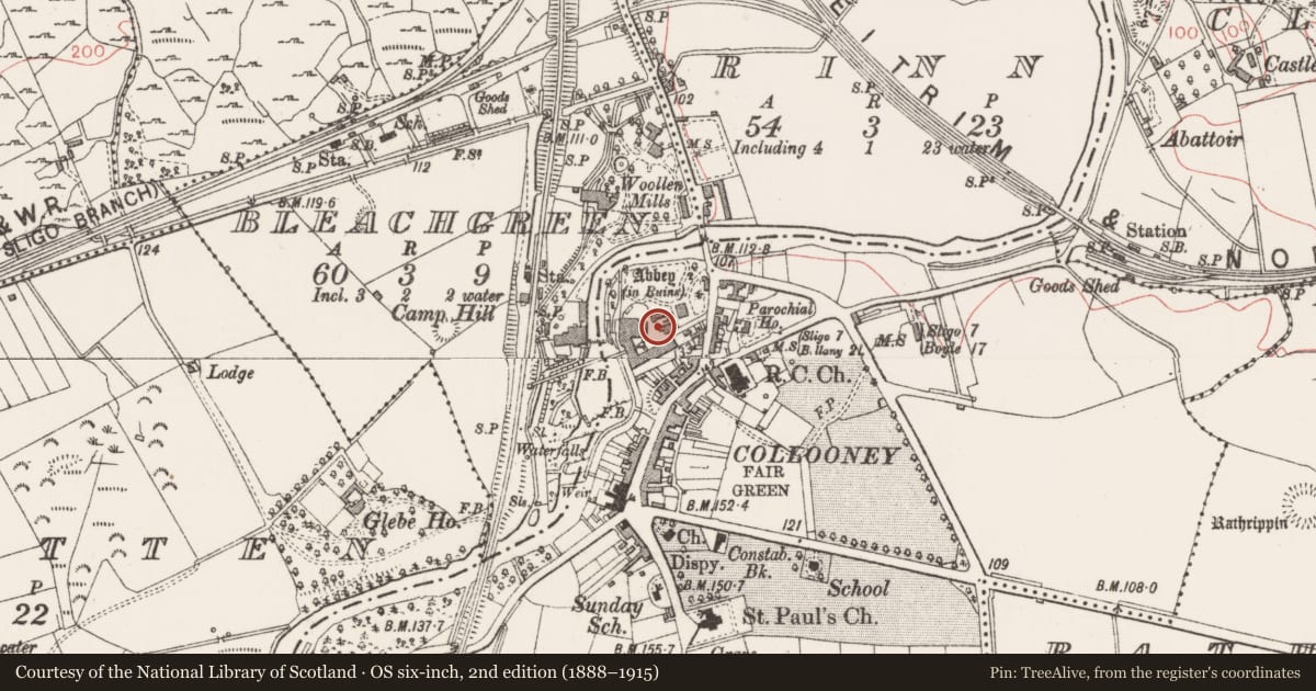 Ordnance Survey six-inch map, 2nd edition (1888–1915) covering the location of Graveyard, Collooney, County Sligo, with a pin at the register's coordinates