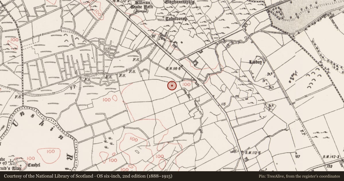 Ordnance Survey six-inch map, 2nd edition (1888–1915) covering the location of Souterrain, Ballydawley, County Sligo, with a pin at the register's coordinates
