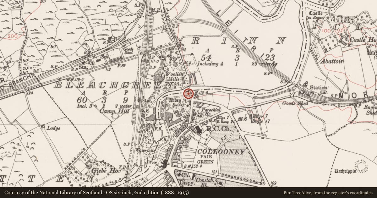 Ordnance Survey six-inch map, 2nd edition (1888–1915) covering the location of Bridge, County Sligo, with a pin at the register's coordinates