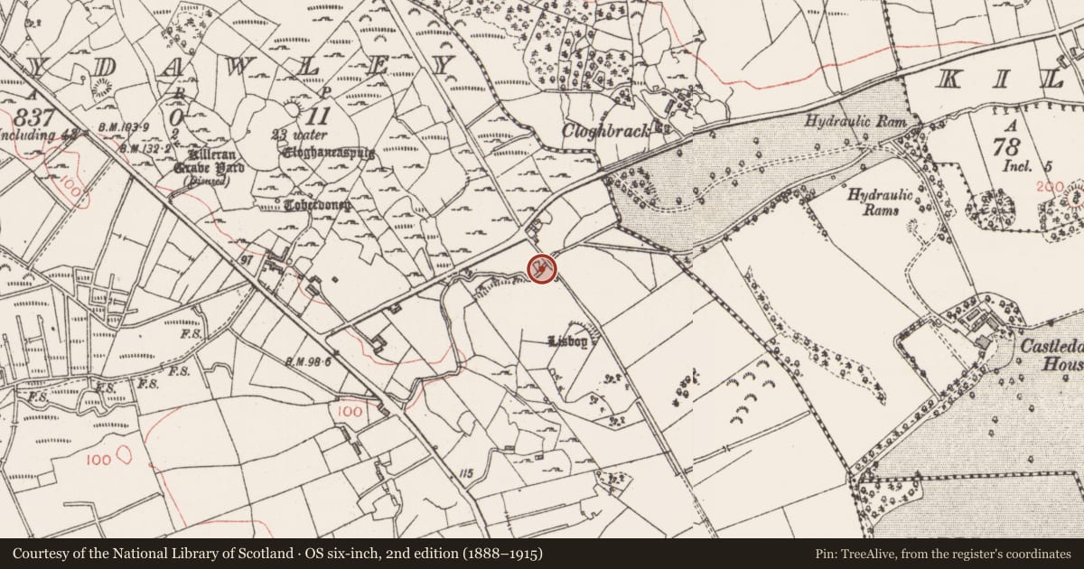 Ordnance Survey six-inch map, 2nd edition (1888–1915) covering the location of Bridge, Ballydawley, County Sligo, with a pin at the register's coordinates