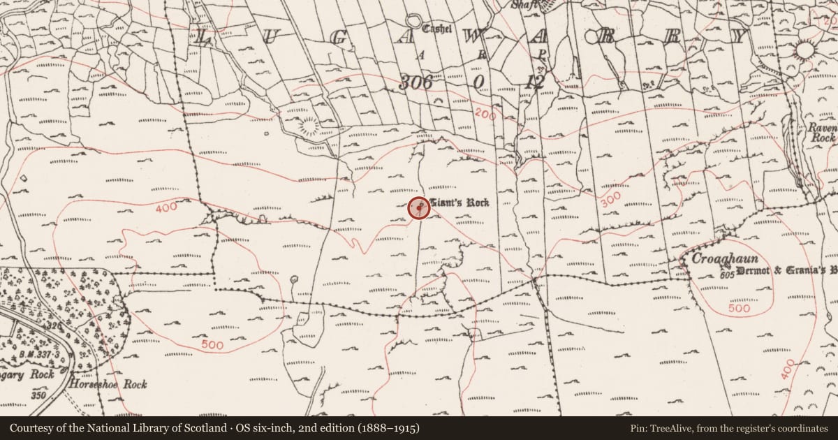 Ordnance Survey six-inch map, 2nd edition (1888–1915) covering the location of Megalithic structure, Lugawarry, County Sligo, with a pin at the register's coordinates