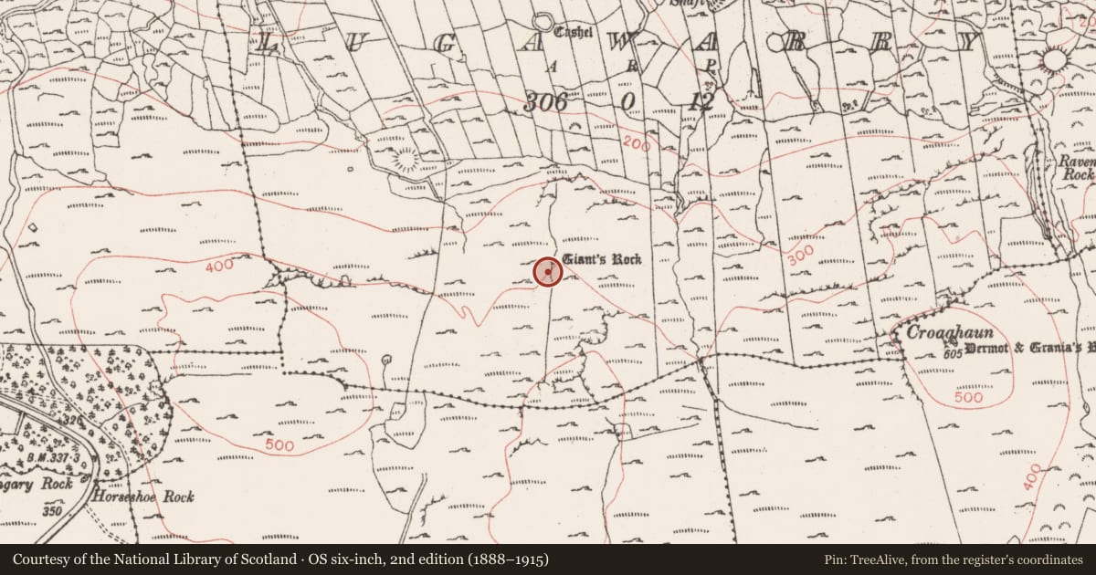 Ordnance Survey six-inch map, 2nd edition (1888–1915) covering the location of Field boundary, Lugawarry, County Sligo, with a pin at the register's coordinates