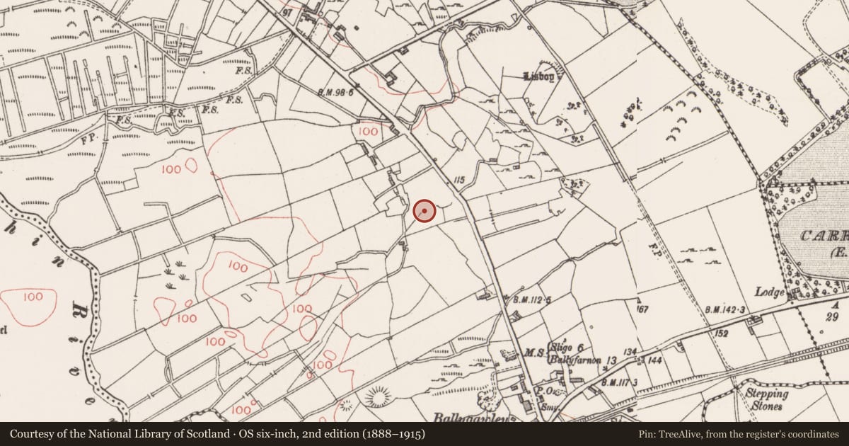 Ordnance Survey six-inch map, 2nd edition (1888–1915) covering the location of Barrow - mound barrow, Ballydawley, County Sligo, with a pin at the register's coordinates