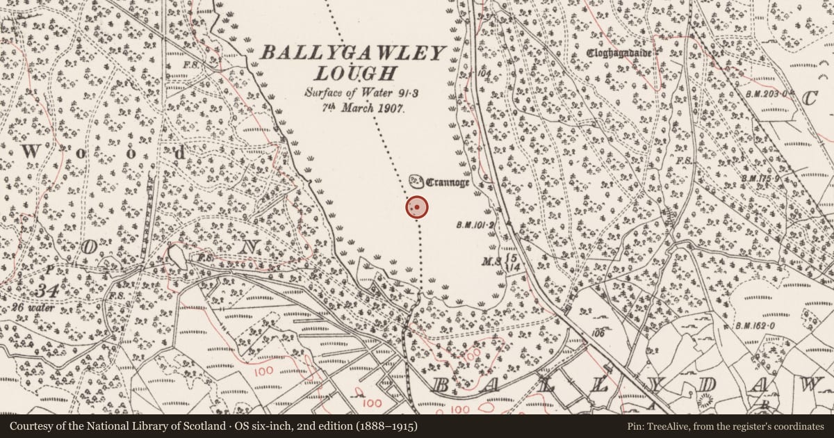 Ordnance Survey six-inch map, 2nd edition (1888–1915) covering the location of Crannog, Ballydawley, County Sligo, with a pin at the register's coordinates