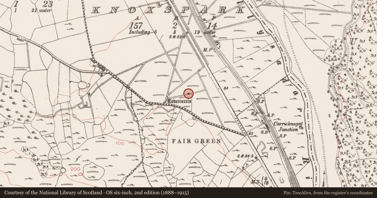 Ordnance Survey six-inch map, 2nd edition (1888–1915) covering the location of Fulacht fia, Knoxspark, County Sligo, with a pin at the register's coordinates