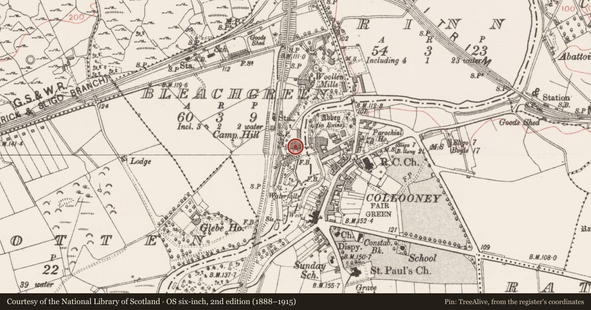 Ordnance Survey six-inch map, 2nd edition (1888–1915) covering the location of Mill - unclassified, Bleachgreen, County Sligo, with a pin at the register's coordinates