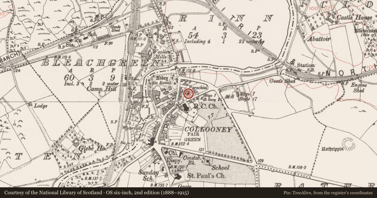 Ordnance Survey six-inch map, 2nd edition (1888–1915) covering the location of Architectural fragment, Collooney, County Sligo, with a pin at the register's coordinates