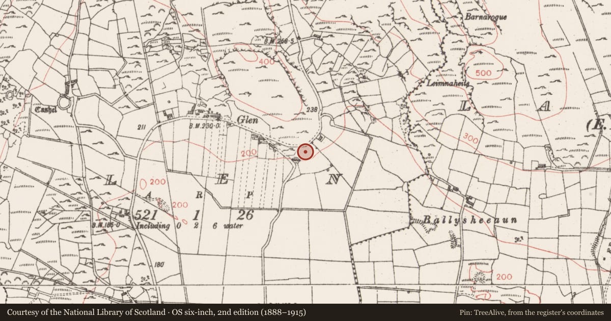 Ordnance Survey six-inch map, 2nd edition (1888–1915) covering the location of Souterrain, Glen, County Sligo, with a pin at the register's coordinates